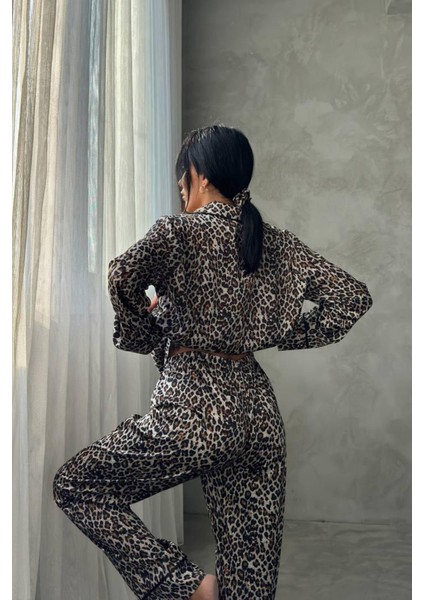 Yeşil Leopar Dijital Baskılı Uzun Saten Pijama L