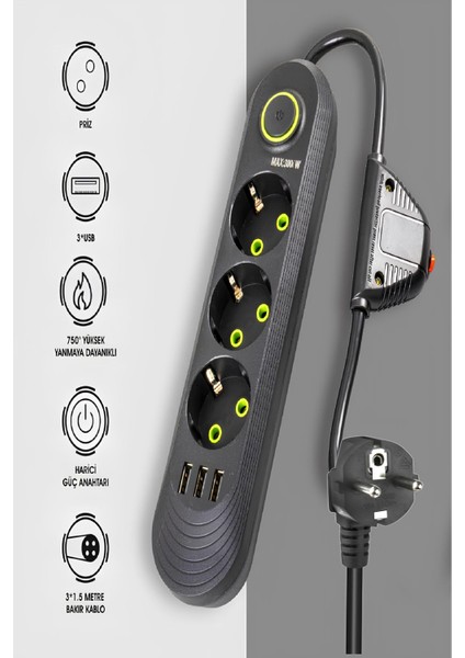 Akım Korumalı Priz 3'lü Grup Priz 3 USB Çıkışlı 1.5 Metre