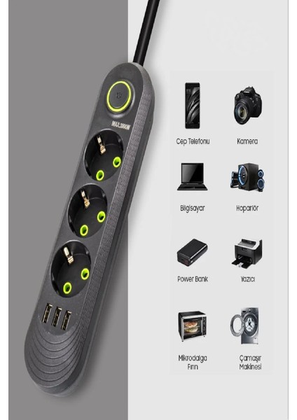 Akım Korumalı Priz 3'lü Grup Priz 3 USB Çıkışlı 1.5 Metre fiyatları