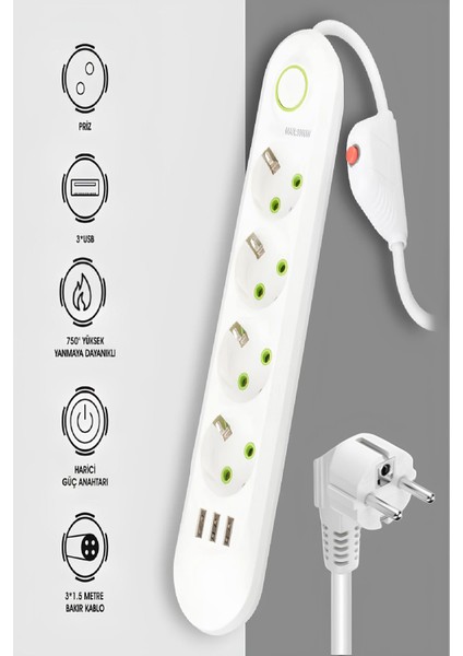Akım Korumalı 4'lü Grup Priz 3 USB Çıkışlı 1.5 M Kablolu Priz 3000 Watt