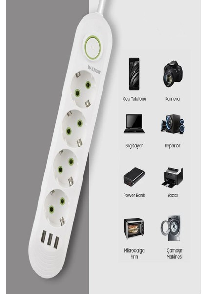 Akım Korumalı 4'lü Grup Priz 3 USB Çıkışlı 1.5 M Kablolu Priz 3000 Watt