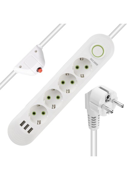 Akım Korumalı 4'lü Grup Priz 3 USB Çıkışlı 1.5 M Kablolu Priz 3000 Watt