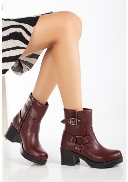 Bordo Toka Aksesuarlı Fermuarlı Kalın Topuklu Günlük Kadın Bot