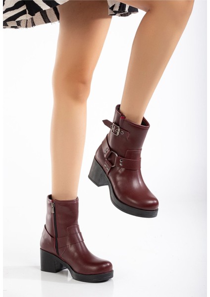 Bordo Toka Aksesuarlı Fermuarlı Kalın Topuklu Günlük Kadın Bot fiyatları