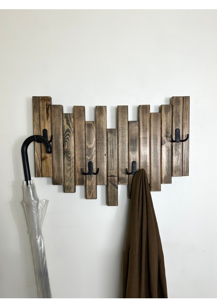 Doğal Ahşap Simetrik Masif 4 Askılı Vestiyer Portmanto Vintage Ceviz