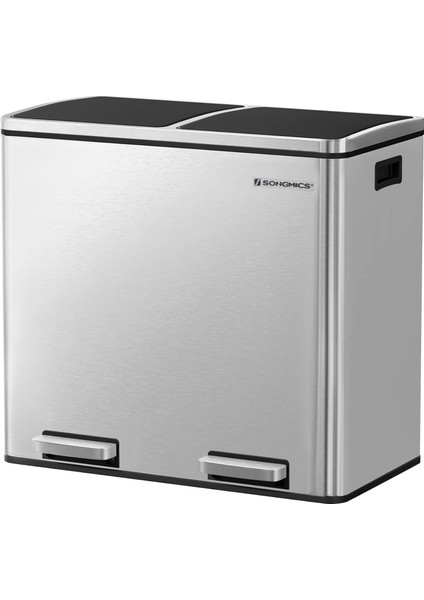 2 Bölmeli Atık Ayırma Sistemli Pedallı Çöp Kovası, Atık Kovası, Mutfak Için, 2 x 24 L, Yumuşak Kapanmalı, Plastik Iç Kova, Pedallı ve Kulplu, Gümüş Rengi, LTB48NL