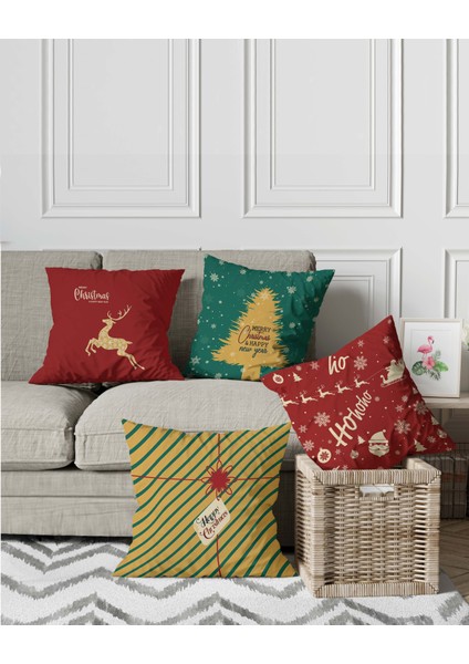 Yılbaşı Temalı Happy Christmas Desenli Dijital Baskılı Kırlent Kılıfı