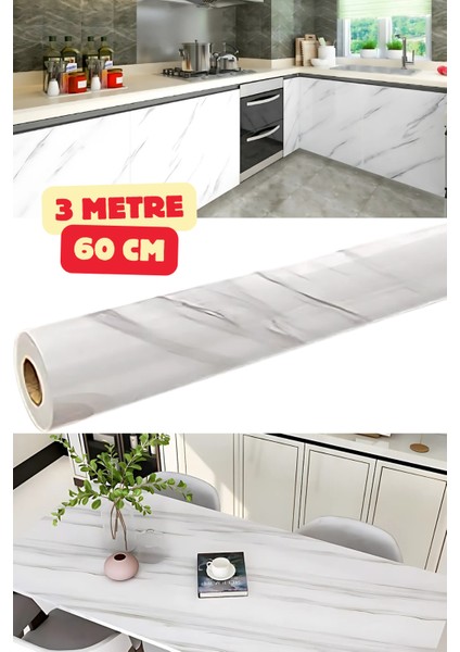 Mermer Desenli Yapışkanlı Kaplama Kağıt Tezgah Dolap Mutfak Kağıdı Su Geçirmez 3 M x 60 cm