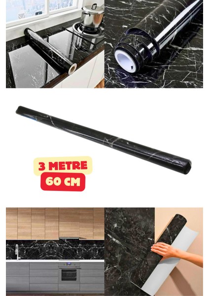 Siyah Mermer Desenli Yapışkanlı Kaplama Kağıt Tezgah Dolap Mutfak Kağıdı Su Geçirmez 3 M x 60 cm