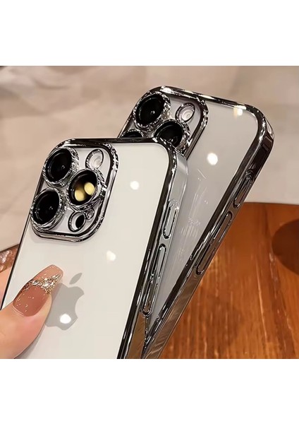 iPhone 16 Pro Kılıf Tam Kamera Lensli Korumalı Metalik Parlak Renkli Kenarlı Yumuşak Silikon Kapak Arkası Şeffaf