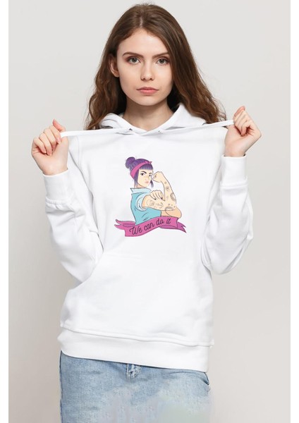 We Can Do It Beyaz Kadın 3ip Kapşonlu Sweatshirt