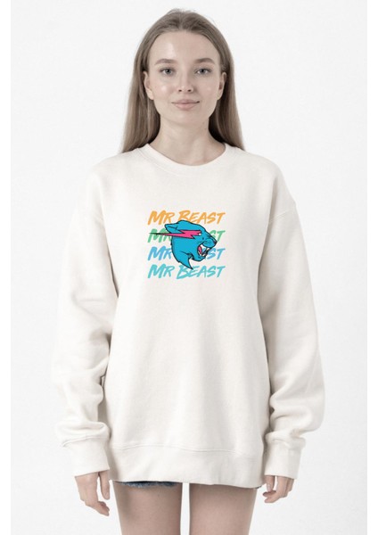 Mr Beast Lettern Beyaz Kadın 2ip Sweatshirt