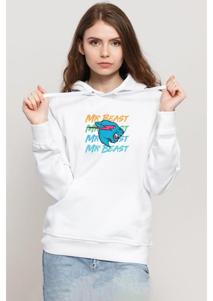 Mr Beast Lettern Beyaz Kadın 3ip Kapşonlu Sweatshirt