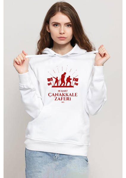 18 Mart Çanakkale Savaşı Red Beyaz Kadın 3ip Kapşonlu Sweatshirt