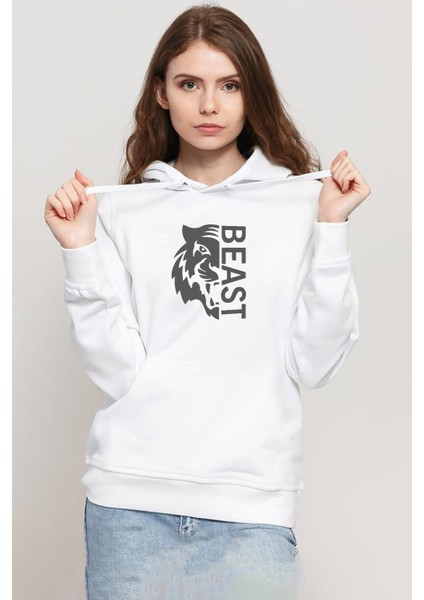 Mr Beast Half Face Beyaz Kadın 3ip Kapşonlu Sweatshirt