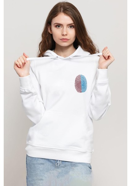 Bordo Mavi Parmak Izi Beyaz Kadın 3ip Kapşonlu Sweatshirt