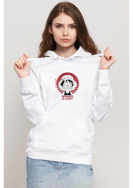 One Piece Anime Monkey D Luffy Beyaz Kadın 3ip Kapşonlu Sweatshirt