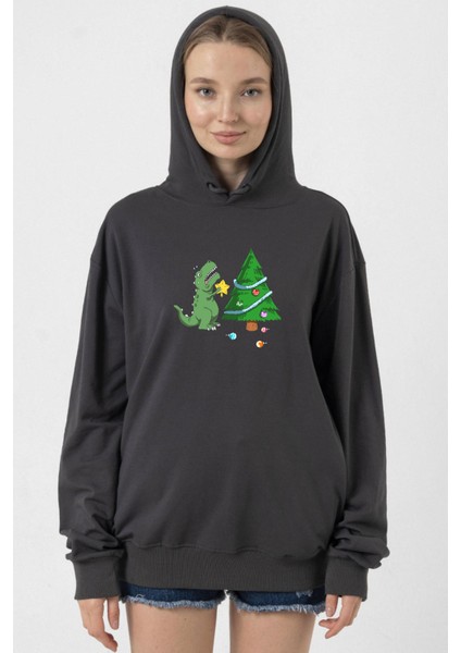 Dinosaur Christmas Tree Füme Kadın 2ip Kapşonlu