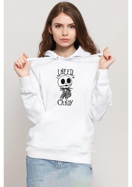 Jack Skellington I Need Candy Beyaz Kadın 3ip Kapşonlu Sweatshirt
