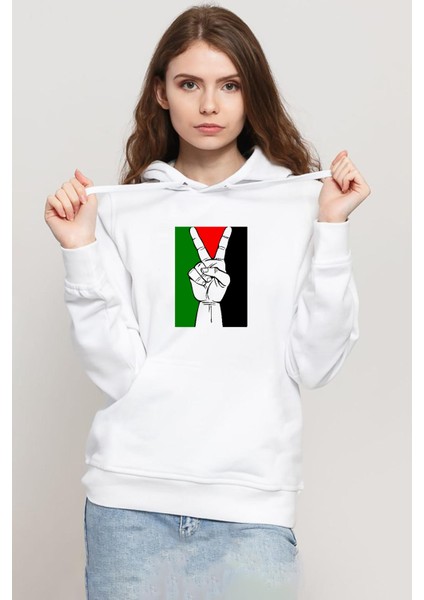 Free Hand Palestine Flag Beyaz Kadın 3ip Kapşonlu Sweatshirt
