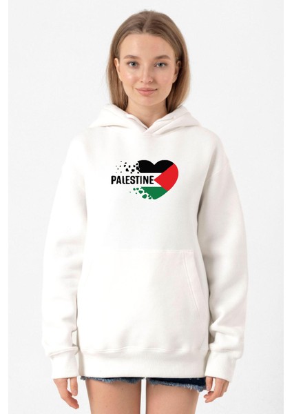 Heart Palestine Flag Beyaz Kadın 3ip Kapşonlu Sweatshirt