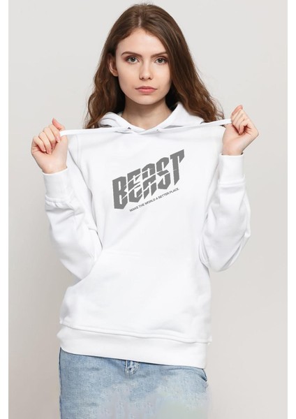 Mr Beast Make The World Beyaz Kadın 3ip Kapşonlu Sweatshirt