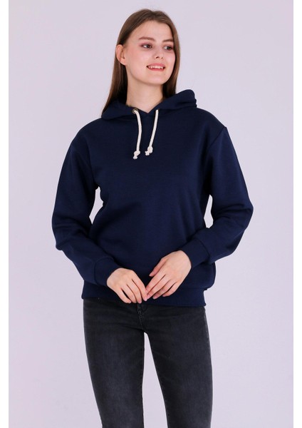 Lacivert Basic Oversize Kadın Kapüşonlu Hoodie 3 Iplik Sweatshirt