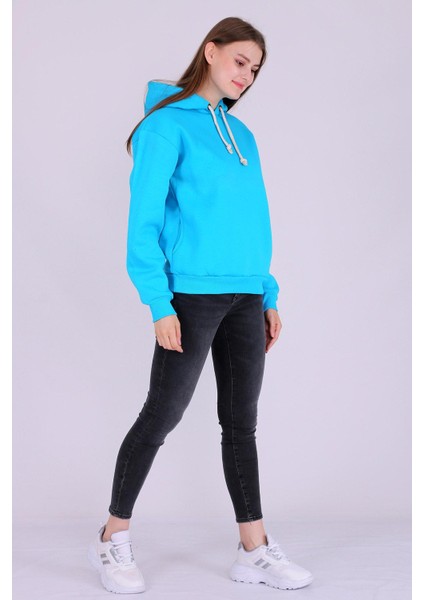 Turkuaz Basic Oversize Kadın Kapüşonlu Hoodie 3 Iplik Sweatshirt fiyatları