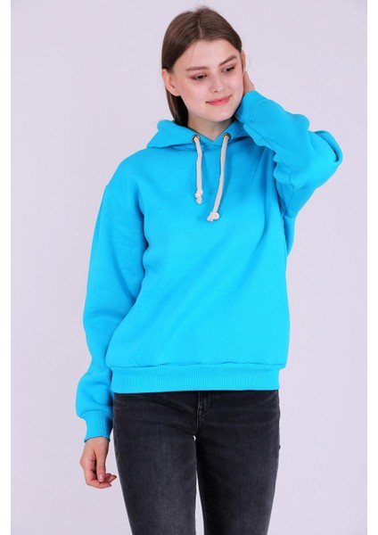 Turkuaz Basic Oversize Kadın Kapüşonlu Hoodie 3 Iplik Sweatshirt