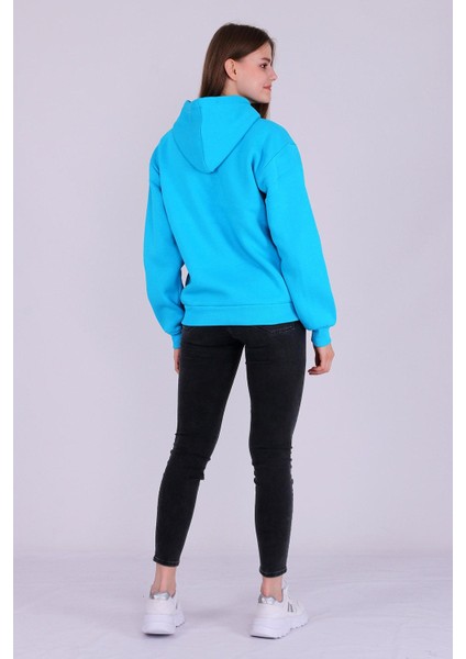 Turkuaz Basic Oversize Kadın Kapüşonlu Hoodie 3 Iplik Sweatshirt modelleri