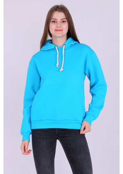 Turkuaz Basic Oversize Kadın Kapüşonlu Hoodie 3 Iplik Sweatshirt fırsatları