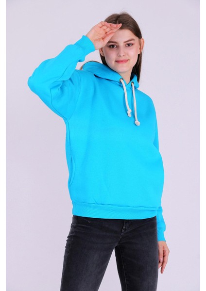 Turkuaz Basic Oversize Kadın Kapüşonlu Hoodie 3 Iplik Sweatshirt indirimleri