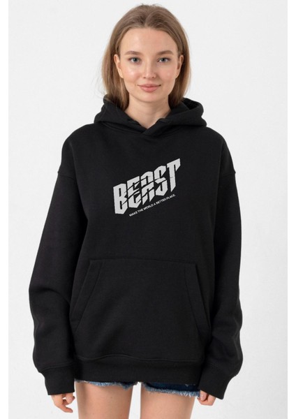 Mr Beast Make The World Siyah Kadın 3ip Kapşonlu