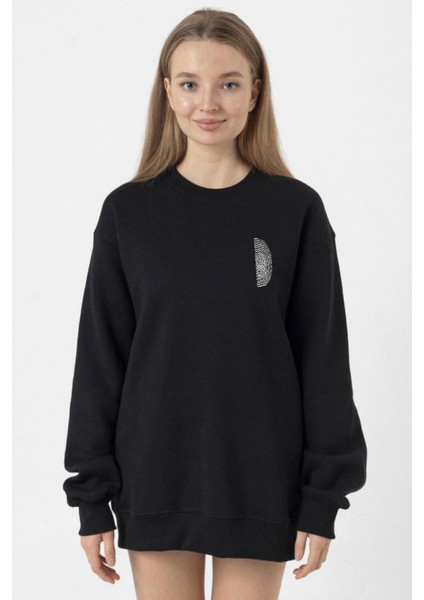 Siyah Beyaz Parmak Izi Siyah Kadın 2ip Sweatshirt