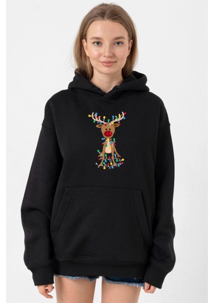 Adorable Reindeer Christmas Siyah Kadın 3ip Kapşonlu
