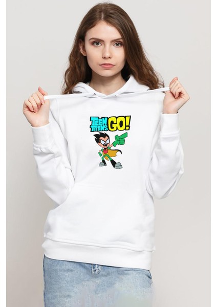 Teen Titans Go Robin Beyaz Kadın 3ip Kapşonlu Sweatshirt