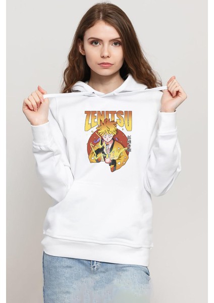 Demon Slayer Anime Zenitsu Poster Beyaz Kadın 3ip Kapşonlu Sweatshirt