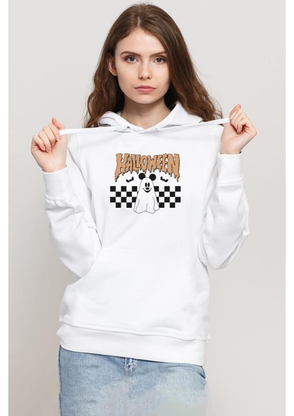 Halloween Mickey Ghost Beyaz Kadın 3ip Kapşonlu Sweatshirt