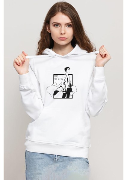 Steins Gate Rintarou Mad Scientist Beyaz Kadın 3ip Kapşonlu Sweatshirt