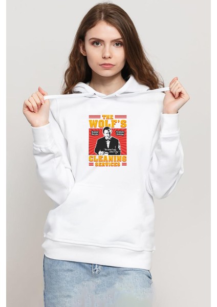 Pulp Fiction The Wolf's Cleaning Services Beyaz Kadın 3ip Kapşonlu Sweatshirt