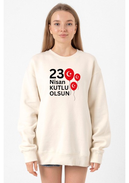23 Nisan Balon Ekru Kadın 2ip Sweatshirt