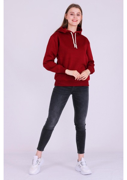 Bordo Basic Oversize Kadın Kapüşonlu Hoodie 3 Iplik Sweatshirt