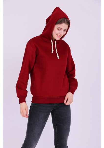 Bordo Basic Oversize Kadın Kapüşonlu Hoodie 3 Iplik Sweatshirt