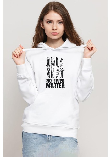 Horror Knifes No Live Matter Beyaz Kadın 3ip Kapşonlu Sweatshirt