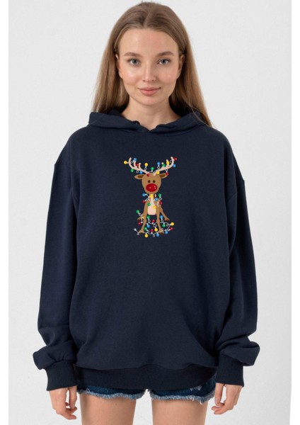 Adorable Reindeer Christmas Lacivert Kadın 3ip Kapşonlu