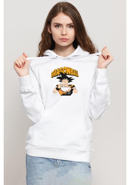 Dragon Ball Z Anime Goku Eating Ramen Beyaz Kadın 3ip Kapşonlu Sweatshirt