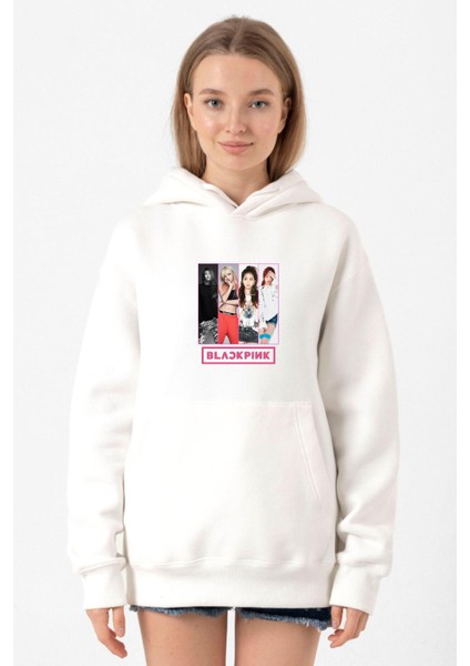 Black Pink Band Beyaz Kadın 3ip Kapşonlu Sweatshirt