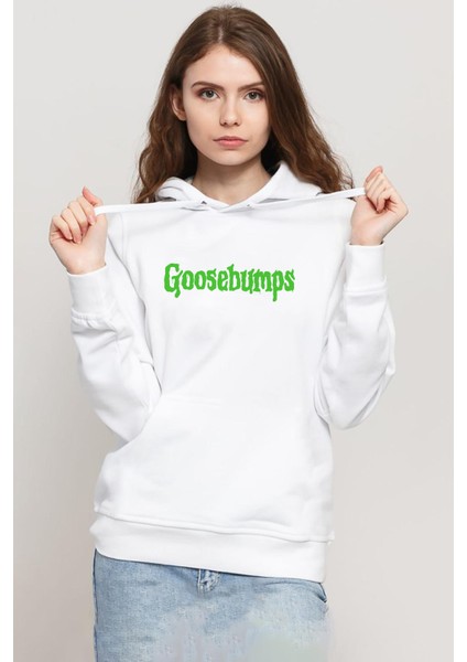 Goosebumps Lettern Beyaz Kadın 3ip Kapşonlu Sweatshirt
