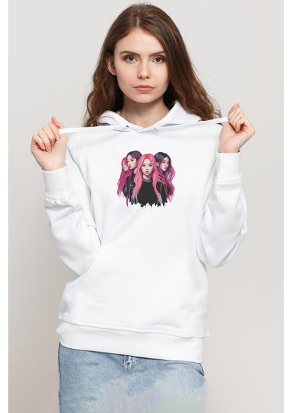Blackpink Members Art Poster Beyaz Kadın 3ip Kapşonlu Sweatshirt