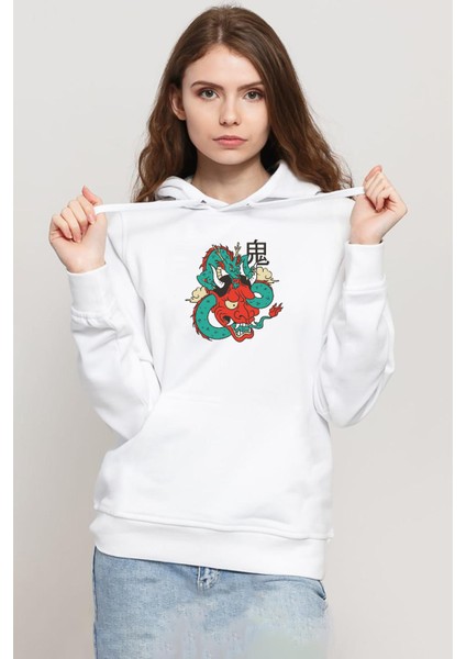 Dragon Samurai Anime Beyaz Kadın 3ip Kapşonlu Sweatshirt